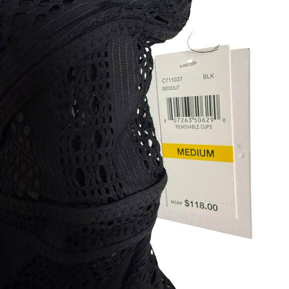 Becca Color Play Plunge Black Lace Open Back One Piece Swimsuit Size Medium - Picture 8 of 12